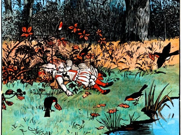 Robins bring leaves to the two children in Randolph Caldecott's picture-book illustration of The Babes in the Wood